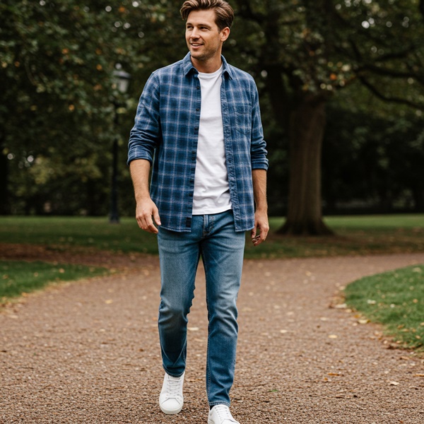 Hombre con camisa de cuadros abierta sobre camiseta blanca y jeans rectos