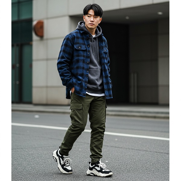 Hombre con camisa de cuadros sobre hoodie gris, pantalón cargo y tenis chunky