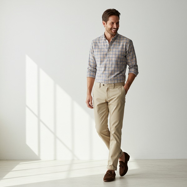 Hombre con camisa de cuadros en tonos neutros y pantalón chino beige con mocasines