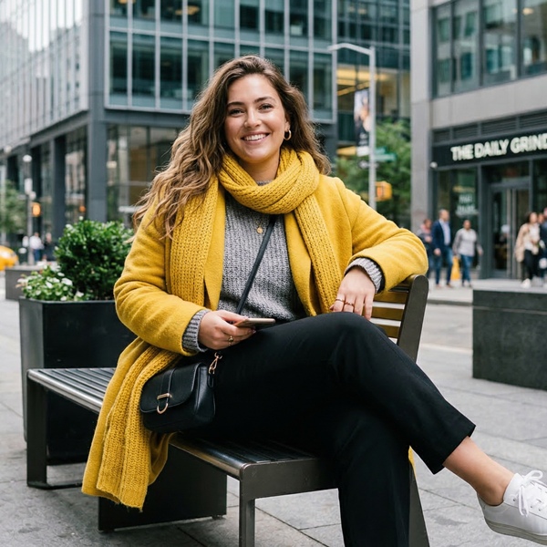 Look con abrigo y bufanda en color amarillo 