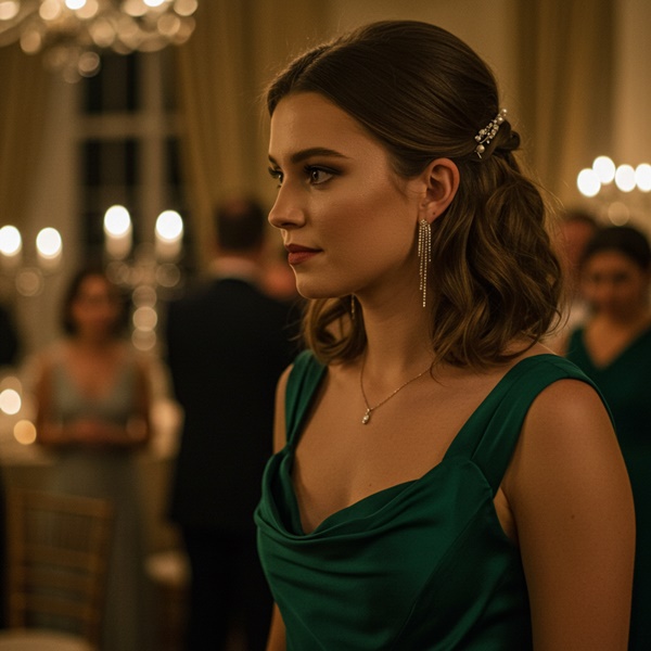 Accesorios brillantes como accesorios para boda de noche: aretes, collar, broches para el cabello
