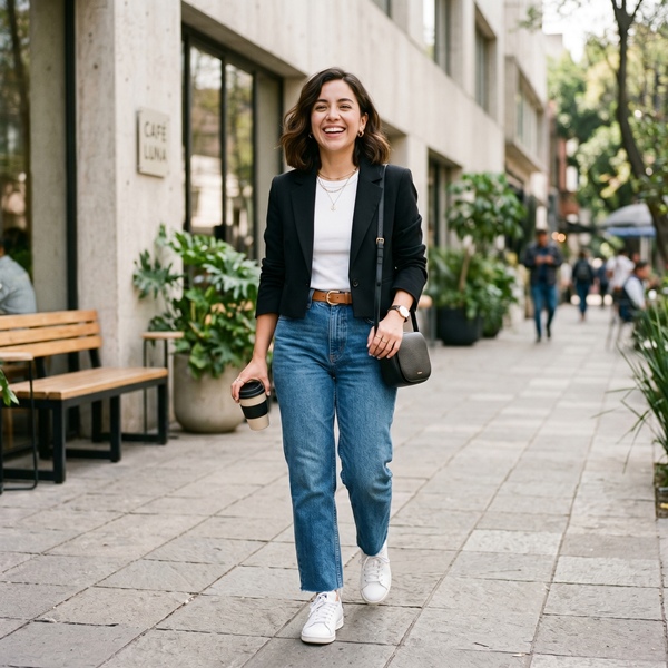 Mujer bajita usando blazer corto con jeans rectos