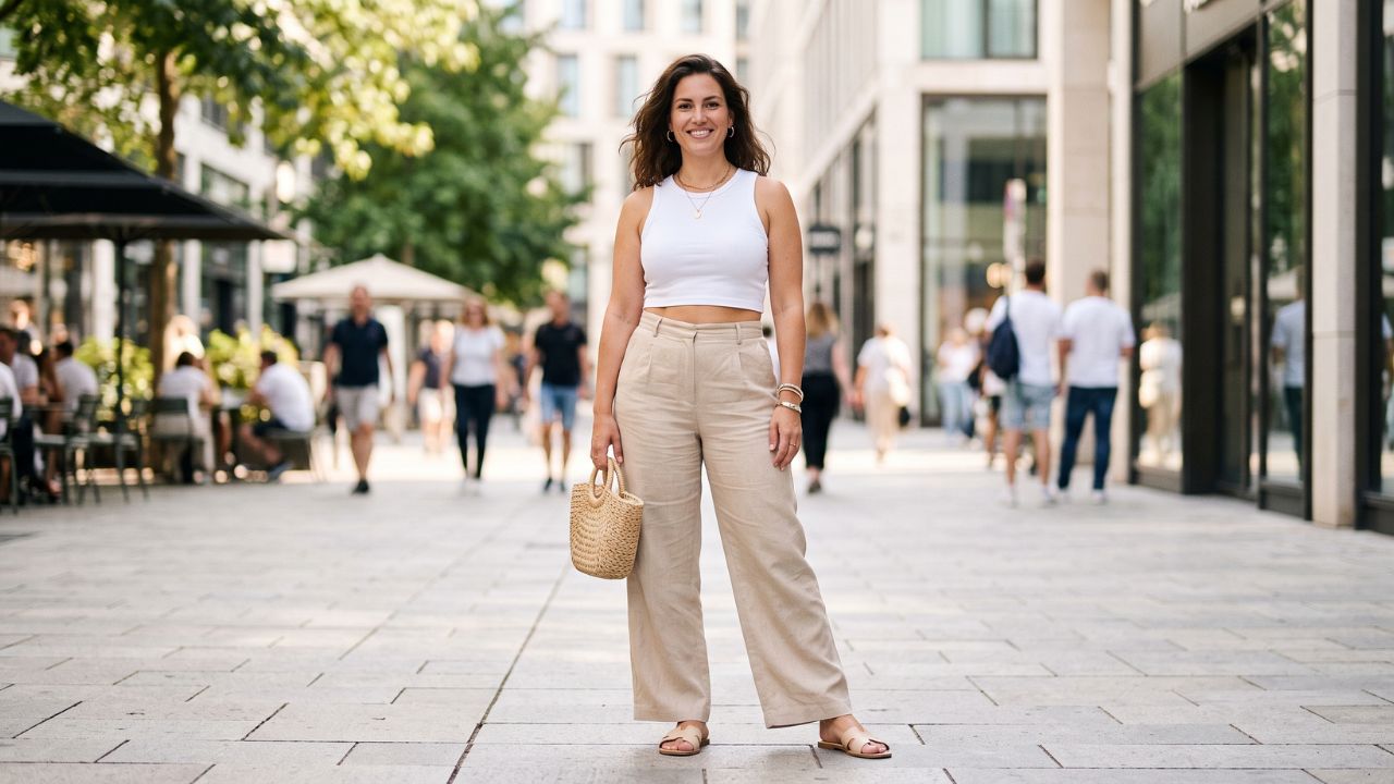 Mujer curvy usando crop top con pantalón de tiro alto en un look moderno y casual