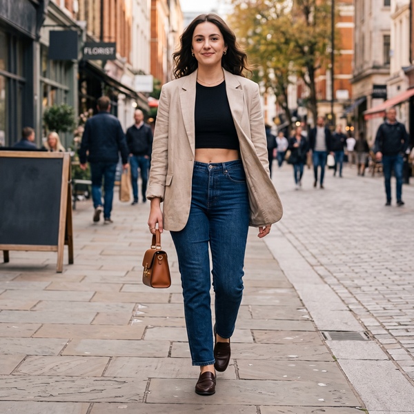 Mujer curvy con crop top, blazer y jeans en un look casual y sofisticado