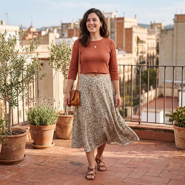 Mujer curvy con crop top y falda midi en un look femenino y actual