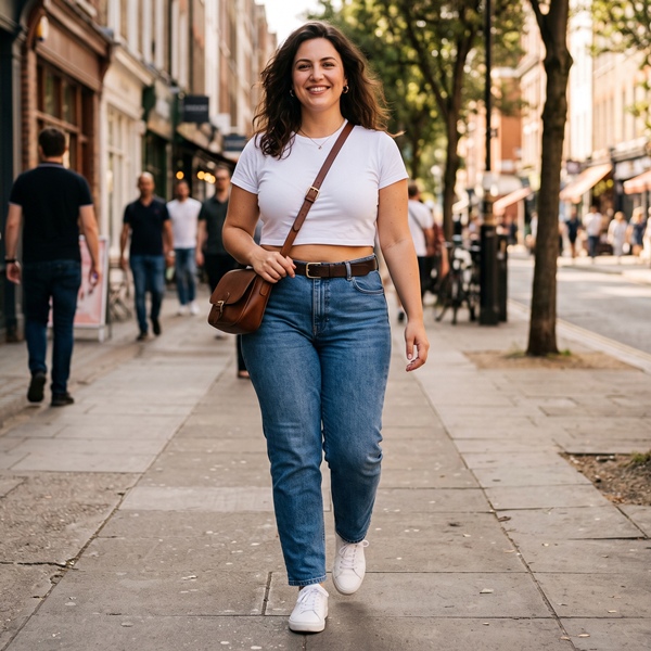 Mujer curvy usando crop top blanco con jeans rectos y tenis en un look casual