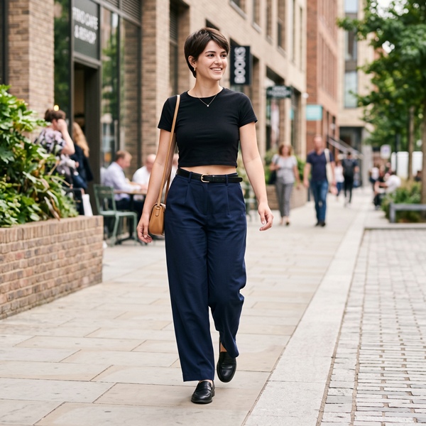 Mujer con crop top negro y pantalón de tiro alto para un look equilibrado.