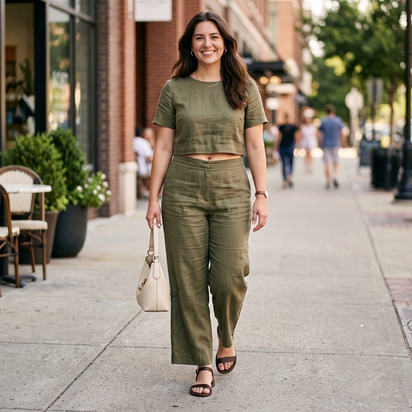 Mujer usando crop top y pantalón a juego en un conjunto coordinado