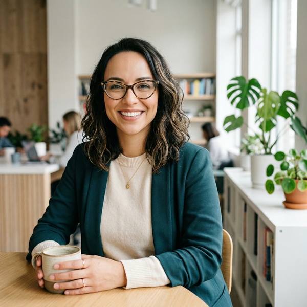 mujer con rostro en forma de corazón usando lentes que equilibran sus facciones