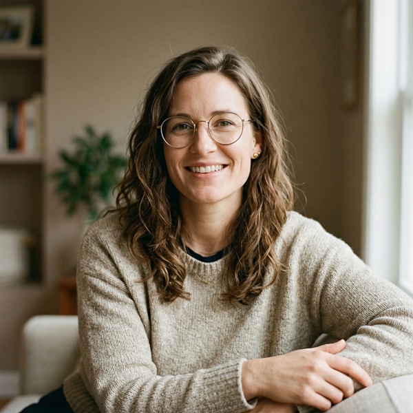 mujer con rostro cuadrado usando lentes redondos que suavizan sus facciones