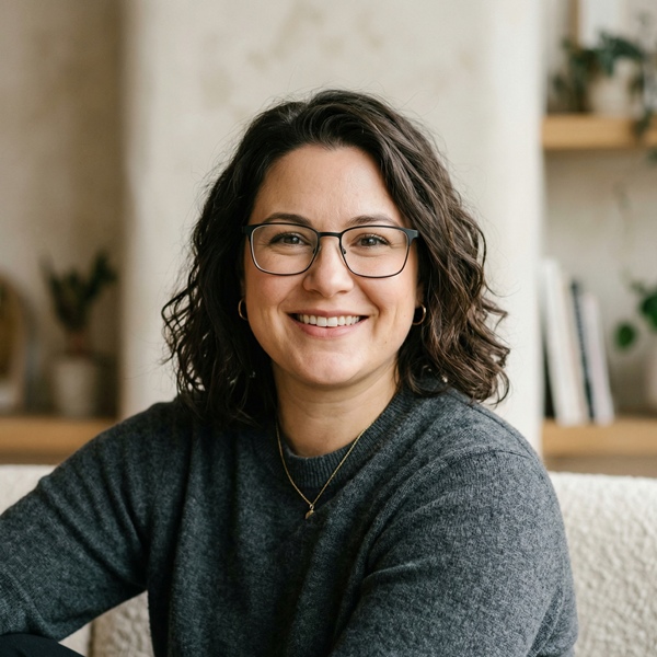 mujer con rostro redondo usando lentes rectangulares que estilizan su cara
