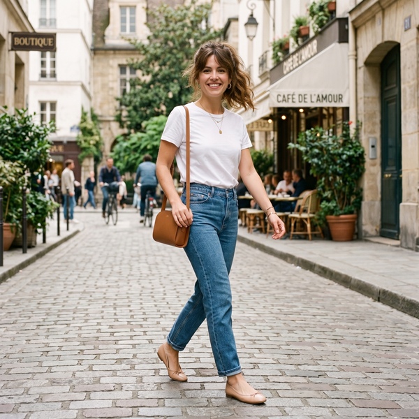 Look con jeans de tiro alto y zapatos nude para estilizar la figura