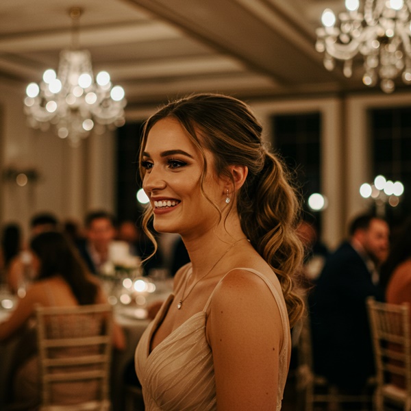 Invitada con recogido bajo elegante para boda de noche