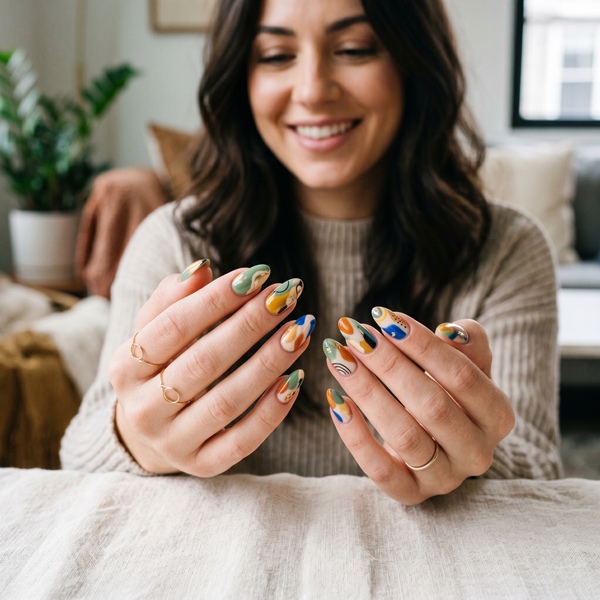 Manicura abstracta moderna con mezcla de colores y diseño artístico