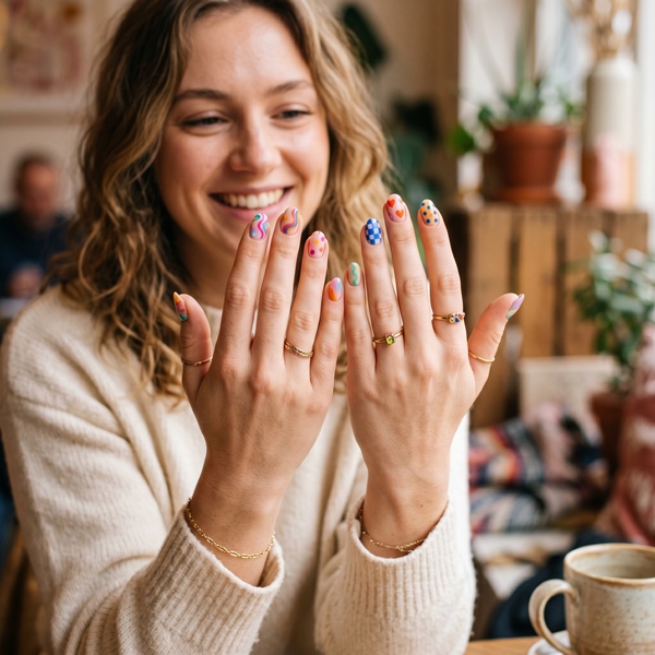 Manicura colorida con diseños divertidos y tonos vibrantes para personalidad extrovertida
