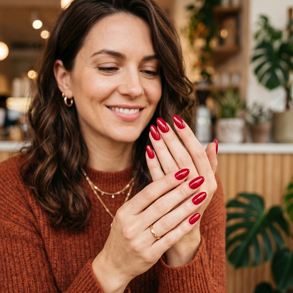 Manicura roja intensa con acabado glossy y estilo sofisticado
