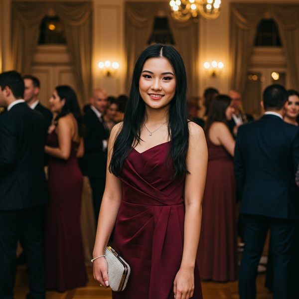Invitada con vestido rojo burdeos elegante para boda de noche