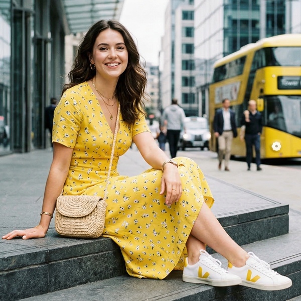 Look femenino y casual con un vestido floral en color amarillo.