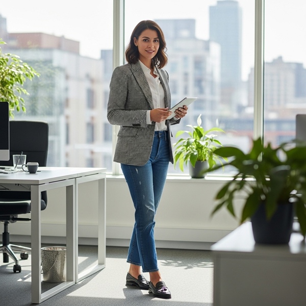 Blazer Príncipe de Gales combinado con jeans en look preppy elegante