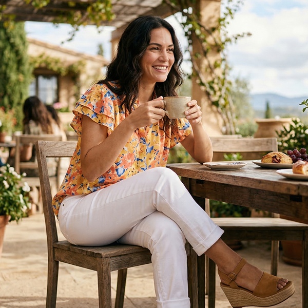 Blusa con estampado floral vibrante combinada con jeans blancos y sandalias
