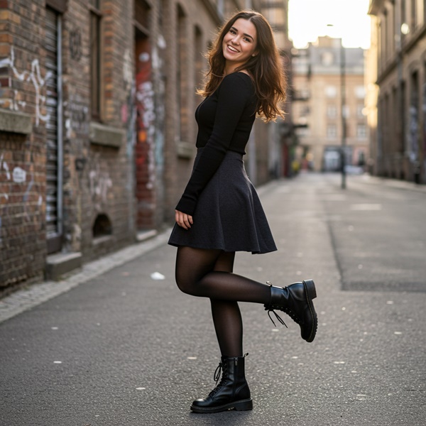 Look audaz con botas de inspiración militar y falda corta