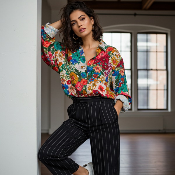 Look casual camisa de flores grandes con pantalón de rayas finas