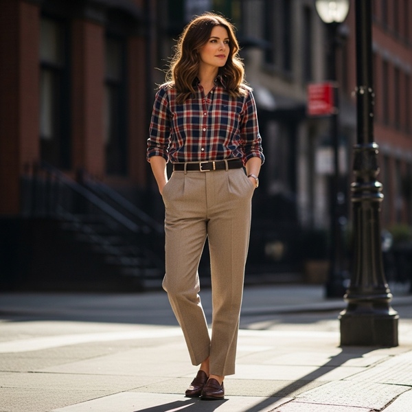 Camisa madras de cuadros combinada con pantalón sastre estilo preppy