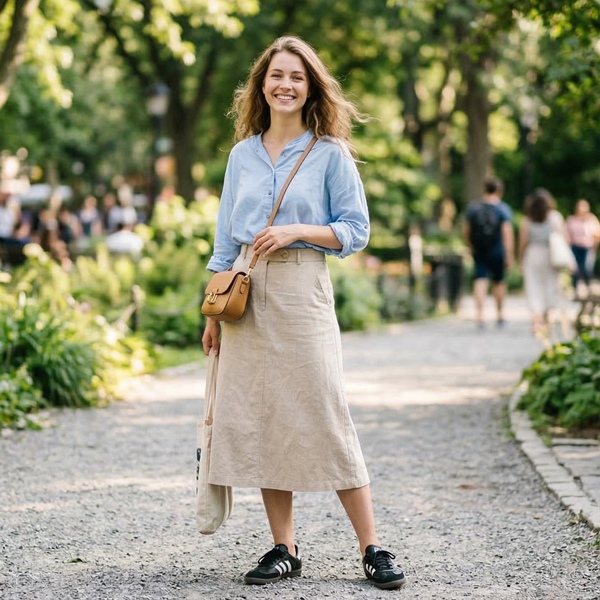 Outfit con falda beige y blusa celeste combinación de colores suaves