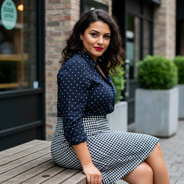 Look con falda a cuadros blanco y negro con blusa de lunares azul marino
