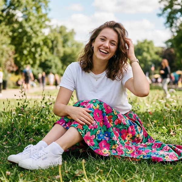 Falda con estampado floral audaz combinada con camiseta blanca y sneakers