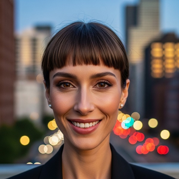 mujer con rostro alargado y fleco corto tupido