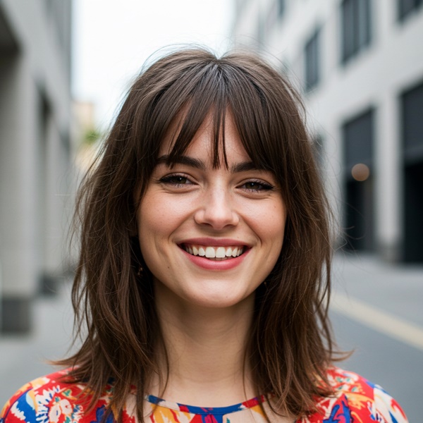 mujer con rostro cuadrado y fleco despeinado