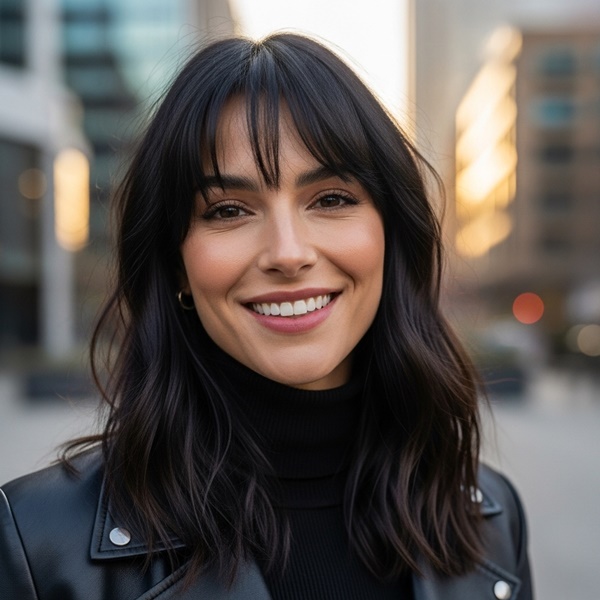 mujer con rostro en forma de corazón y fleco largo despeinado
