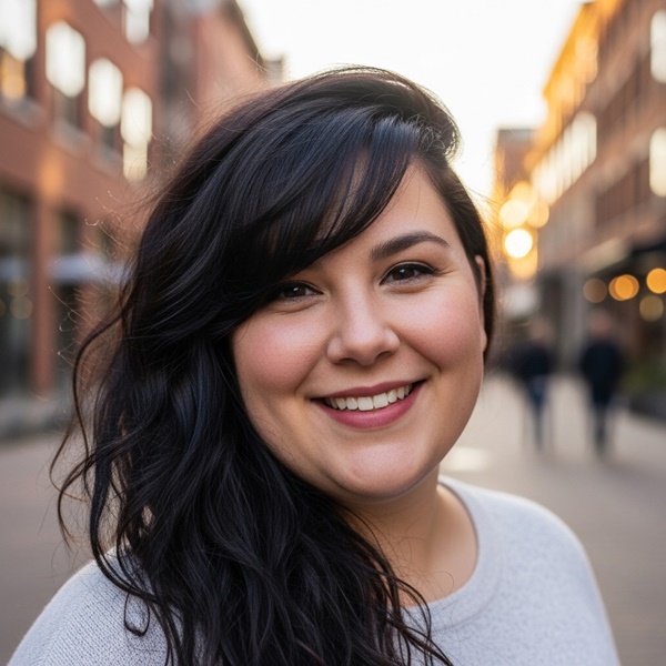 mujer con rostro redondo y fleco lateral largo