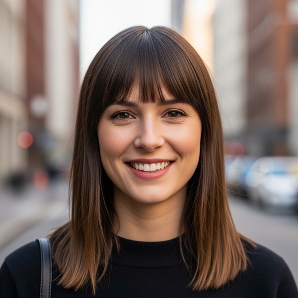 mujer con rostro ovalado y fleco recto moderno