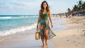 Mujer usando un pareo de estampado tropical de cinco formas diferentes durante unas vacaciones de playa