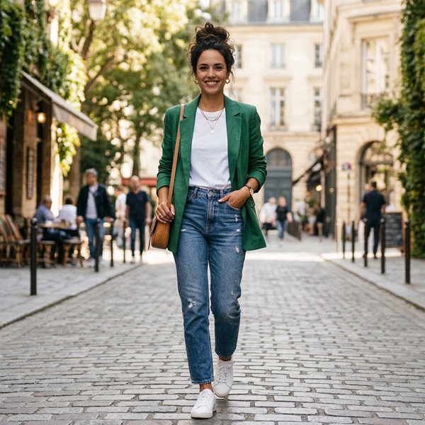 Look casual con jeans camiseta blanca y blazer de color