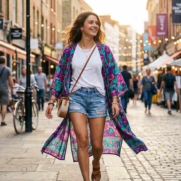 Kimono con estampado floral bohemio combinado con shorts denim