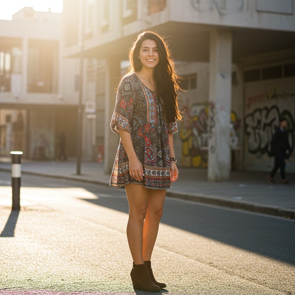 Look bohemio con vestido boho y botines