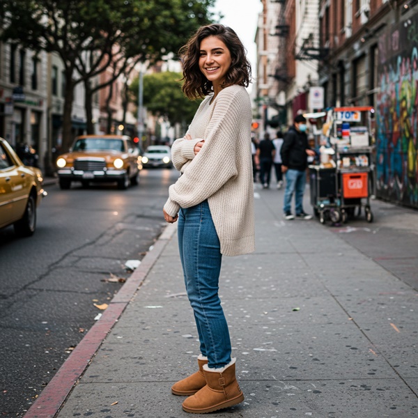 Look otoño e invierno con jeans, suéter y botas ugg