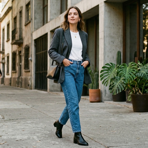 Jeans mom combinados con blazer para un look elegante y moderno
