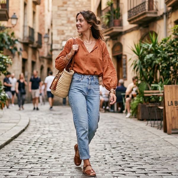Jeans mom con blusa suelta estilo bohemio y sandalias