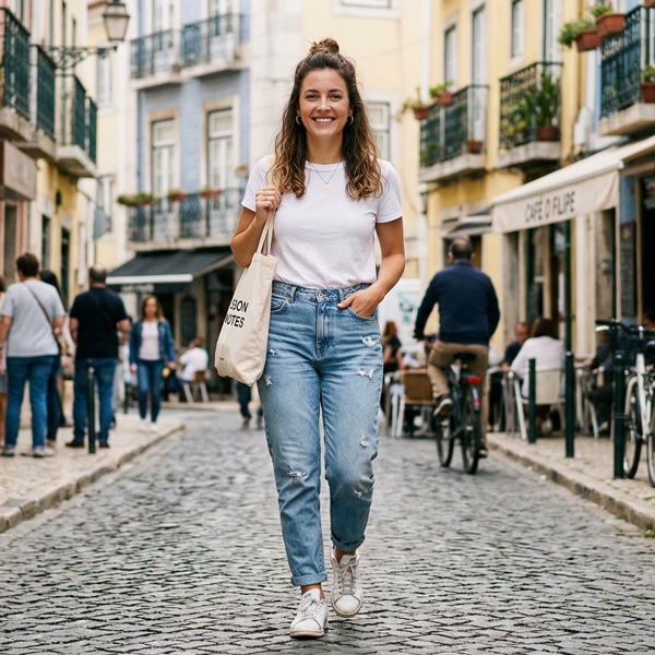 Outfit con jeans mom de tiro alto y camiseta blanca con tenis casuales