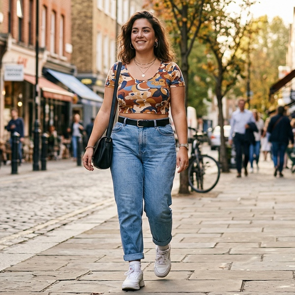 Outfit con jeans mom de tiro alto y cropped top estilo retro