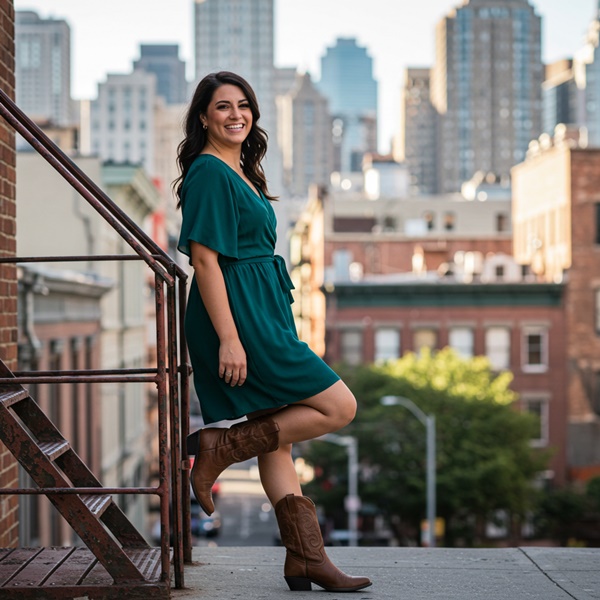 Look romántico con vestido y botas estilo cowboy
