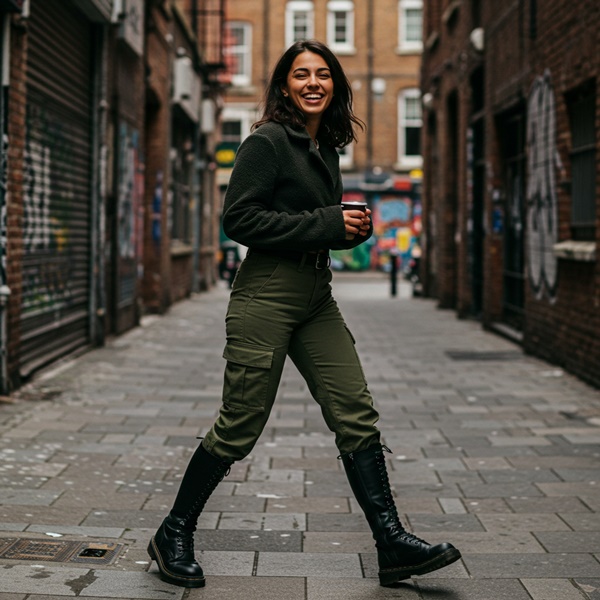 Look urbano con pantalón cargo y botas largas de inspiración militar 