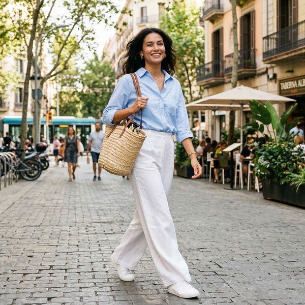 look casual con pantalón blanco amplio camisa y tenis blancos