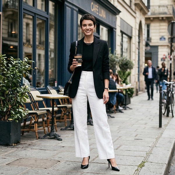 outfit elegante con pantalón blanco blusa negra blazer y tacones