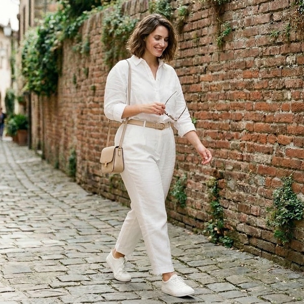 look monocromático con pantalón blanco camisa blanca y accesorios
