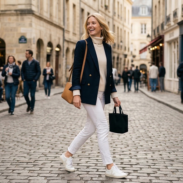 look con pantalón blanco suéter de cuello alto blazer y tenis blancos